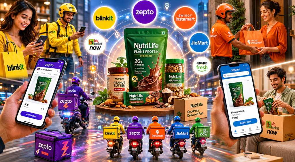 A premium quick commerce marketing illustration showing a NutriLife FMCG brand product promoted across multiple quick commerce platforms including Blinkit, Zepto, Swiggy Instamart, JioMart, BigBasket Now, and Amazon Fresh