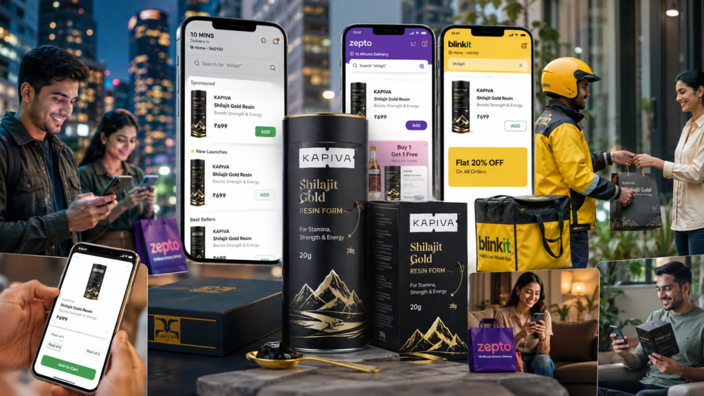 Kapiva Shilajit Gold Resin promoted on Blinkit and Zepto through sponsored listings, special offers, mobile shopping, and fast delivery to drive sales growth.