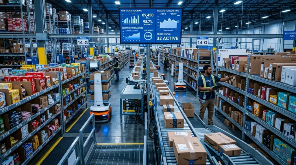 Modern smart warehouse with AI-powered automation, autonomous robots, conveyor belts, and workers managing inventory in a high-tech retail fulfillment center with real-time tracking dashboards