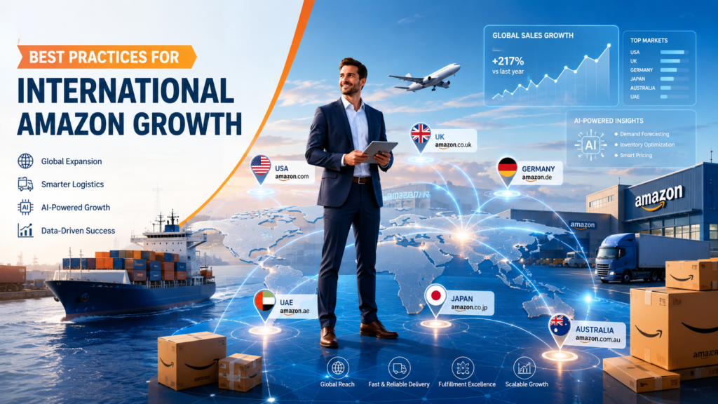 Business professional managing international Amazon growth with global marketplaces, logistics networks, fulfillment centers, AI-powered insights, and cross-border ecommerce expansion.
