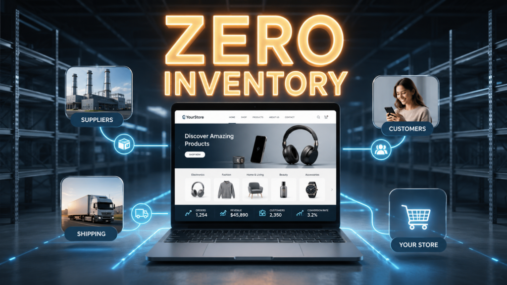 Laptop displaying an online store connected to suppliers and customers, illustrating a zero-inventory ecommerce business model.