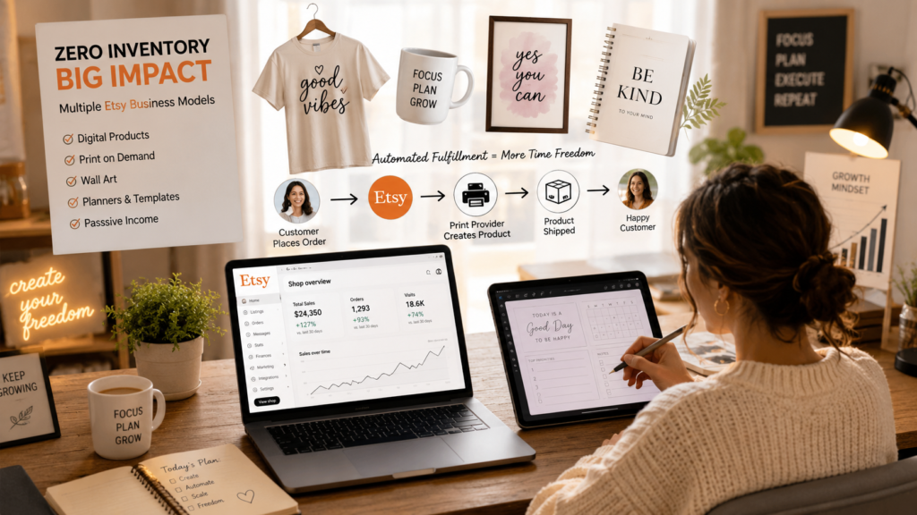 Person managing an Etsy print-on-demand and digital products business from a home office.