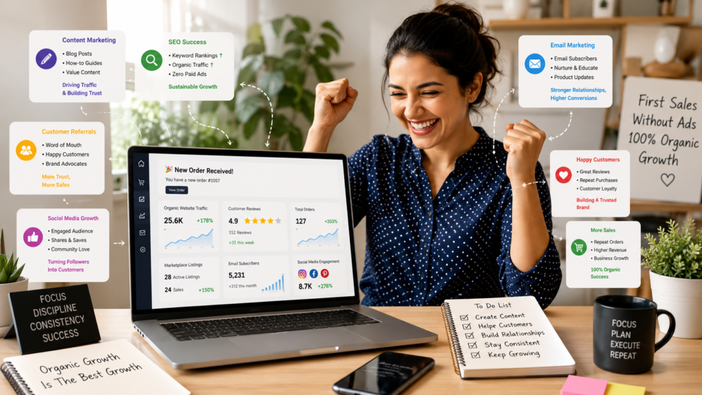 Person celebrating online sales growth while managing content marketing and organic traffic strategies