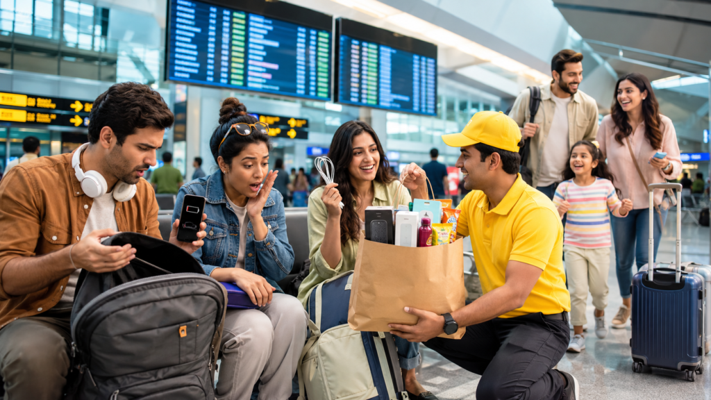 Blinkit delivery executive handing travel essentials to passengers inside a busy airport terminal as travelers prepare for their flight.