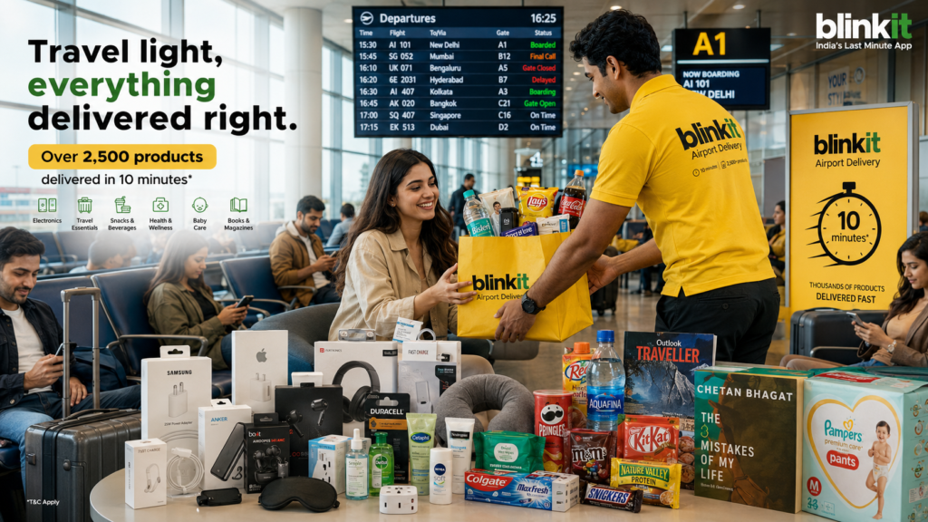 Blinkit airport delivery executive handing a bag of travel essentials to a passenger in an airport terminal, with electronics, snacks, personal care products, and flight information displays visible in the background.