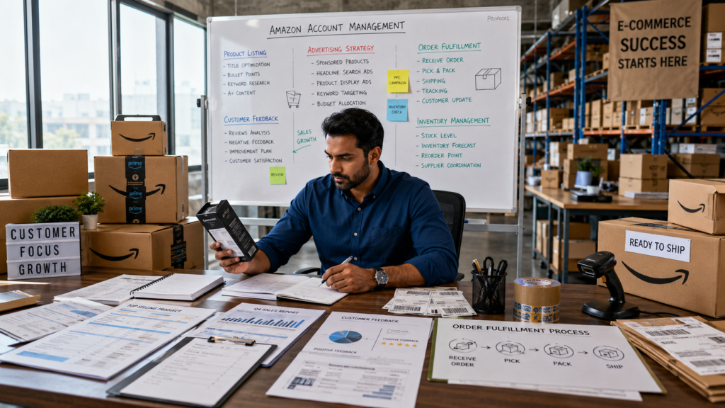 Amazon seller managing product listings, inventory, advertising, and order fulfillment operations in a warehouse-based ecommerce workspace.
