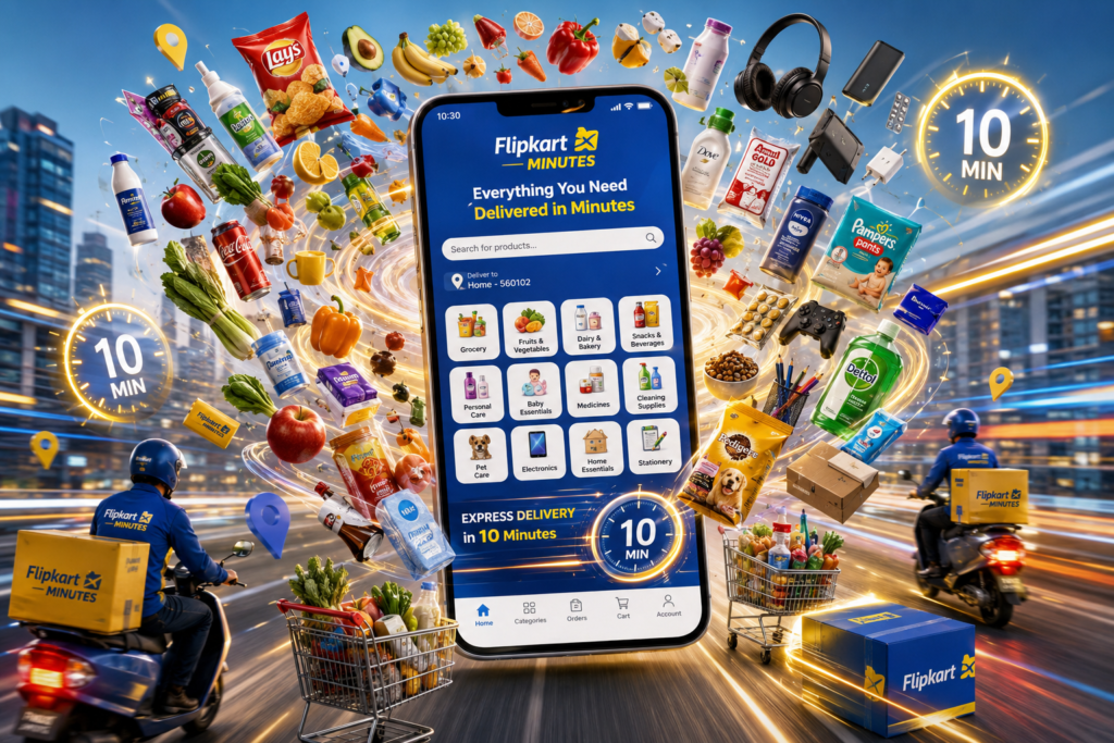 Flipkart Minutes app displayed on a smartphone with groceries, daily essentials, electronics, and delivery riders, highlighting ultra-fast 10-minute delivery service.