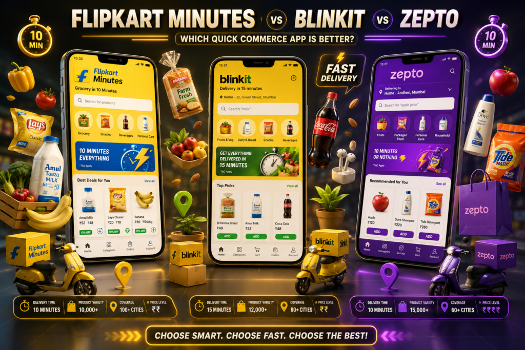 Comparison of Flipkart Minutes, Blinkit, and Zepto apps displayed on smartphones, highlighting delivery speed, product variety, and quick commerce features.