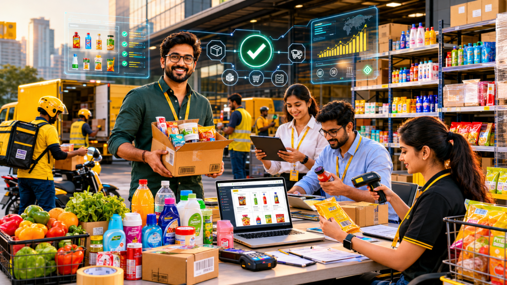 Ecommerce team onboarding products and managing inventory at a fulfillment center with digital dashboards and active deliveries.