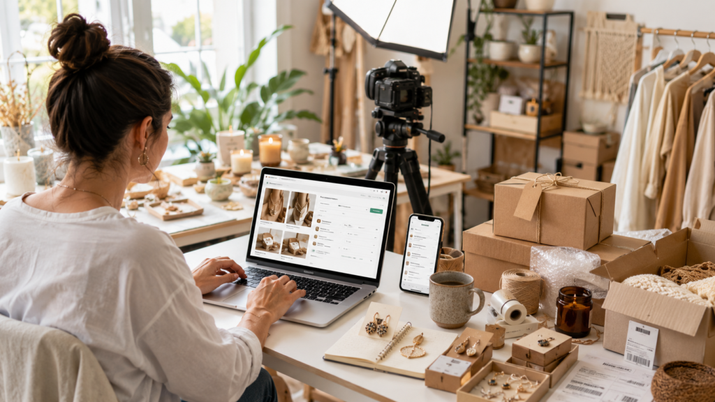 Small business owner managing an online store with product listings, packaging materials, and a photography setup in a home ecommerce workspace
