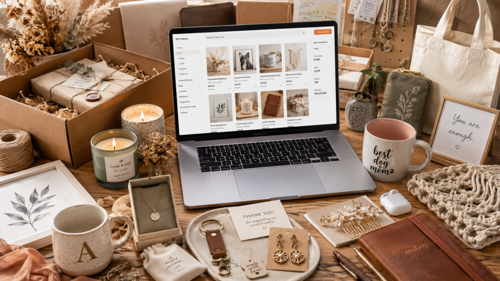 Laptop displaying an online marketplace surrounded by handmade products, gift packaging, jewelry, home décor, and craft supplies in an ecommerce workspace