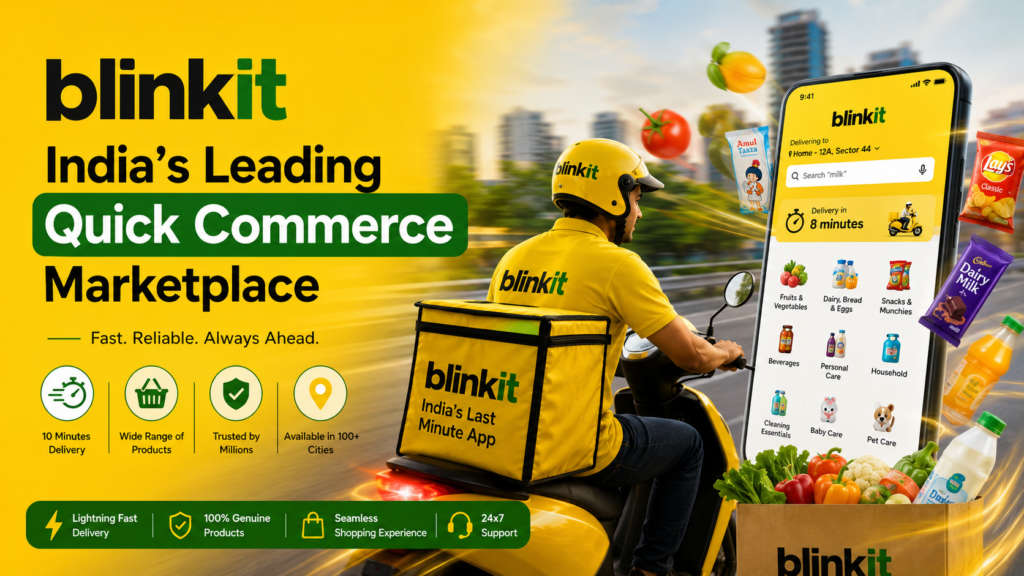Blinkit quick commerce banner showing a delivery rider, mobile app, and grocery products with 10-minute delivery highlights.