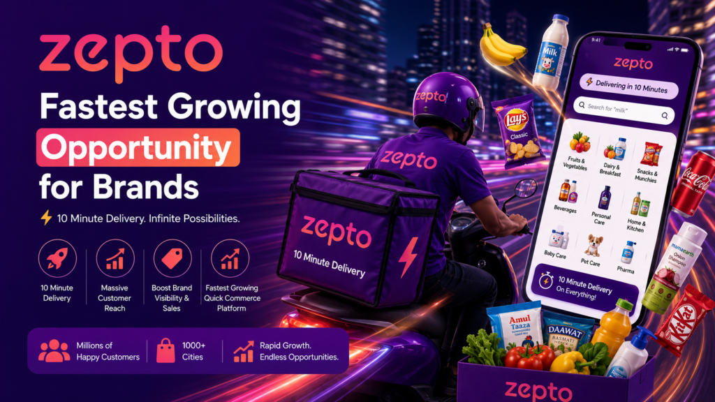 Zepto quick commerce banner featuring a delivery rider, mobile app, and grocery products promoting 10-minute delivery and brand growth.