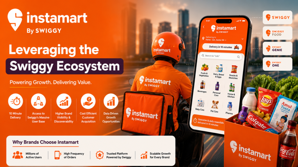 Zepto quick commerce banner featuring a delivery rider, mobile app, and grocery products promoting 10-minute delivery and brand growth.
