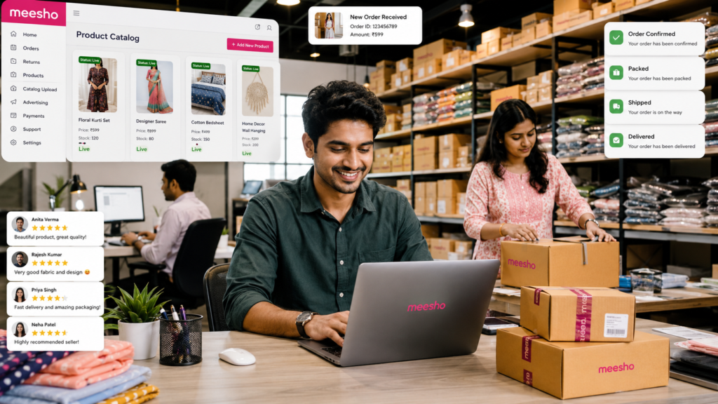 Successful Meesho seller managing an online business from a warehouse workspace, using a laptop to oversee product listings, orders, and customer reviews while team members pack and ship products.