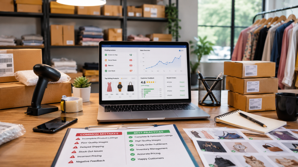 Modern ecommerce seller workspace featuring a laptop displaying sales analytics, product listings, customer ratings, and order management dashboards.