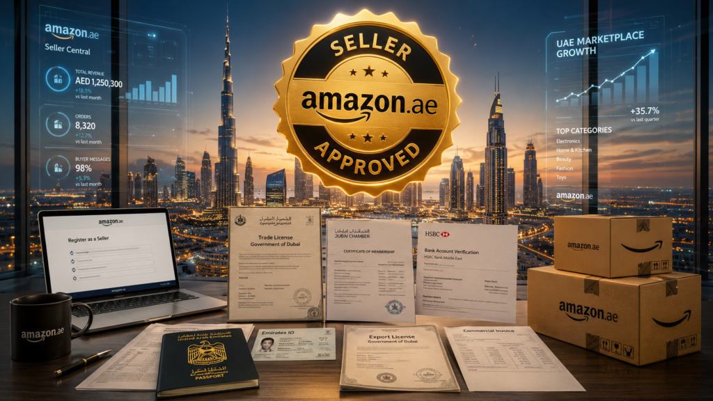 Amazon UAE seller account approval setup showing Dubai skyline, seller registration dashboard, trade license, passport, bank account verification documents, export license, ecommerce shipping boxes, and marketplace growth analytics for Indian sellers entering the UAE market.
