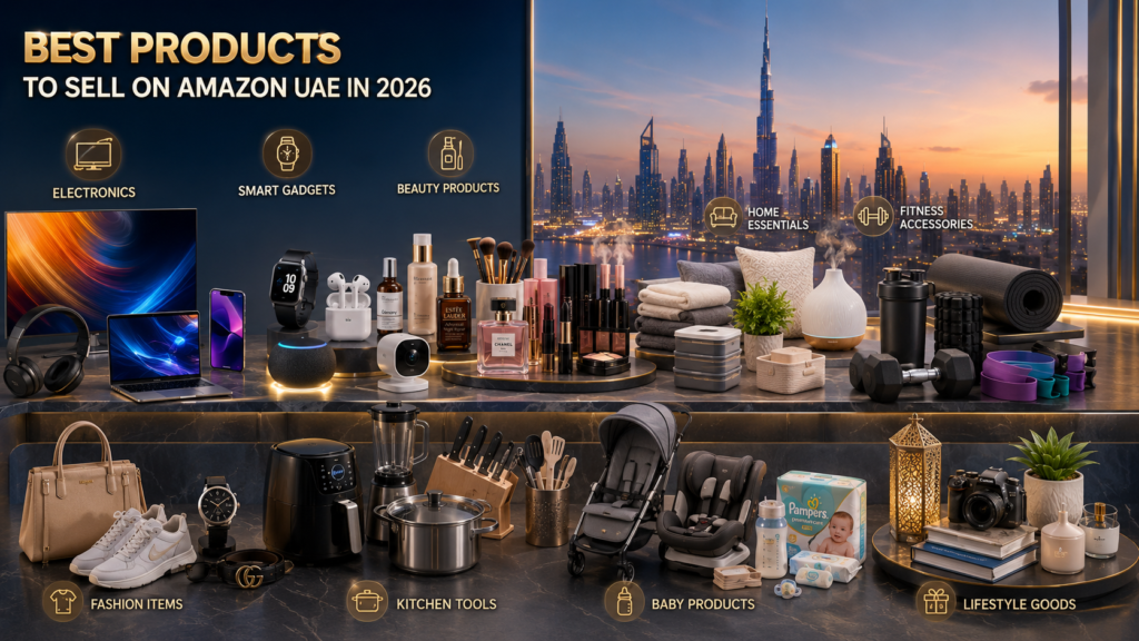 Collection of top-selling Amazon UAE products in 2026 including electronics, smart gadgets, beauty products, home essentials, fitness accessories, fashion items, kitchen tools, baby products, and lifestyle goods displayed against the Dubai skyline, highlighting profitable ecommerce opportunities for UAE sellers.