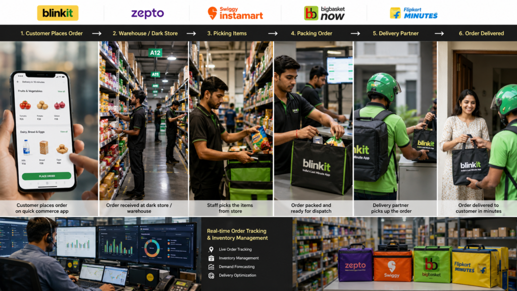 Step-by-step quick commerce workflow showing customer order placement, dark store operations, item picking, order packing, delivery partner dispatch, and final delivery through Blinkit, Zepto, Swiggy Instamart, BigBasket Now, and Flipkart Minutes in India.