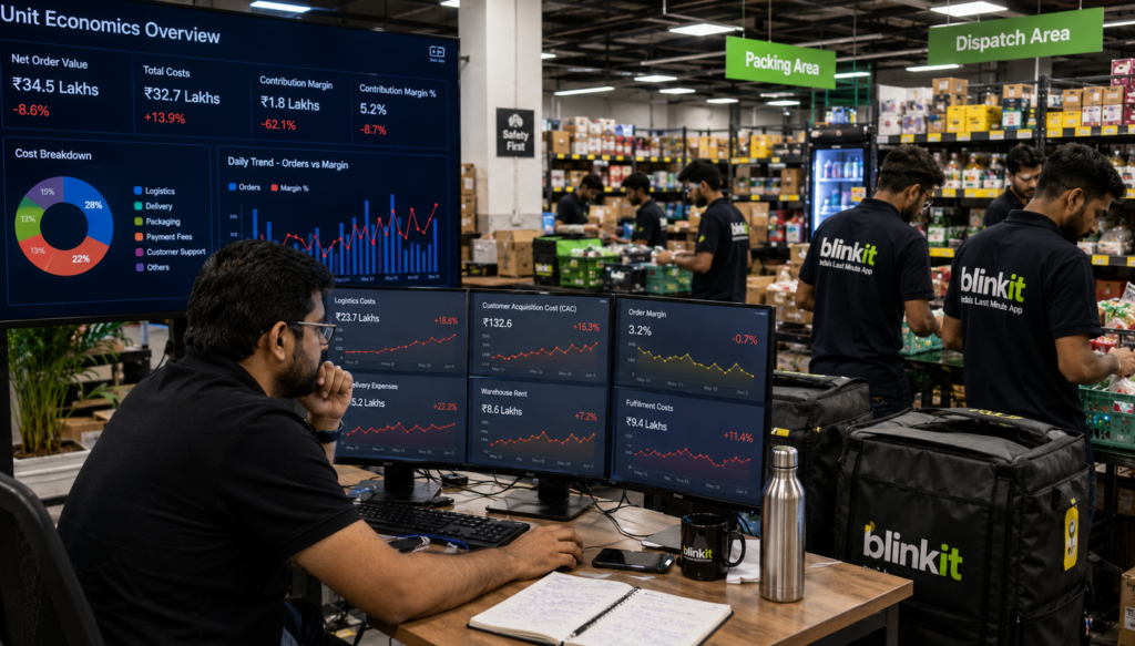 Quick commerce operations manager analyzing unit economics dashboard, logistics costs, customer acquisition costs, delivery expenses, and profit margins inside a dark store fulfillment center, highlighting profitability challenges in the quick commerce business model.