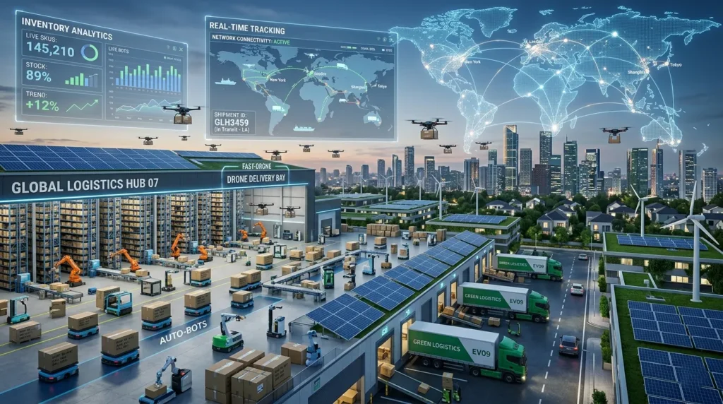 A futuristic smart logistics and supply chain ecosystem showing automated warehouses, AI-powered inventory dashboards, drone deliveries, autonomous robots, electric delivery trucks, and real-time global tracking maps connected across cities.