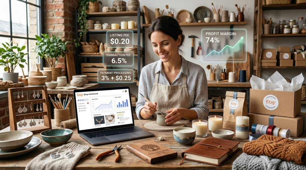 Handmade craft seller creating pottery in a workshop while reviewing Etsy seller fees, transaction costs, payment processing charges, and profit margin analytics on a laptop dashboard surrounded by handmade products and packaging materials.