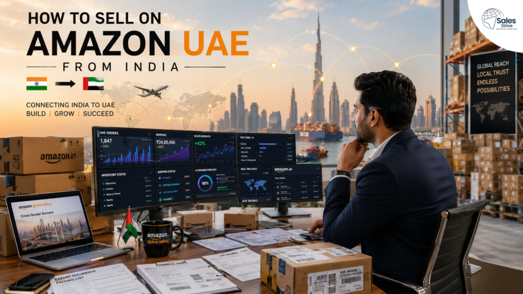 Indian seller managing Amazon UAE business from India with sales dashboards, shipping boxes, export documents, and the Dubai skyline, representing cross-border ecommerce growth and Amazon Global Selling opportunities.