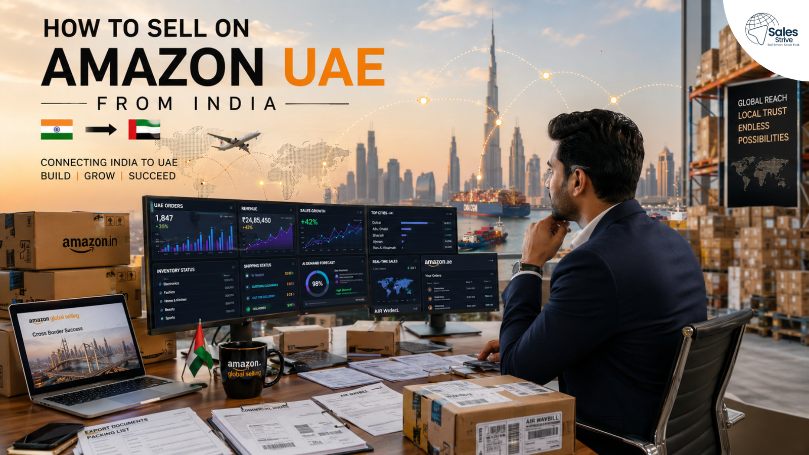 Indian seller managing Amazon UAE business from India with sales dashboards, shipping boxes, export documents, and the Dubai skyline, representing cross-border ecommerce growth and Amazon Global Selling opportunities.