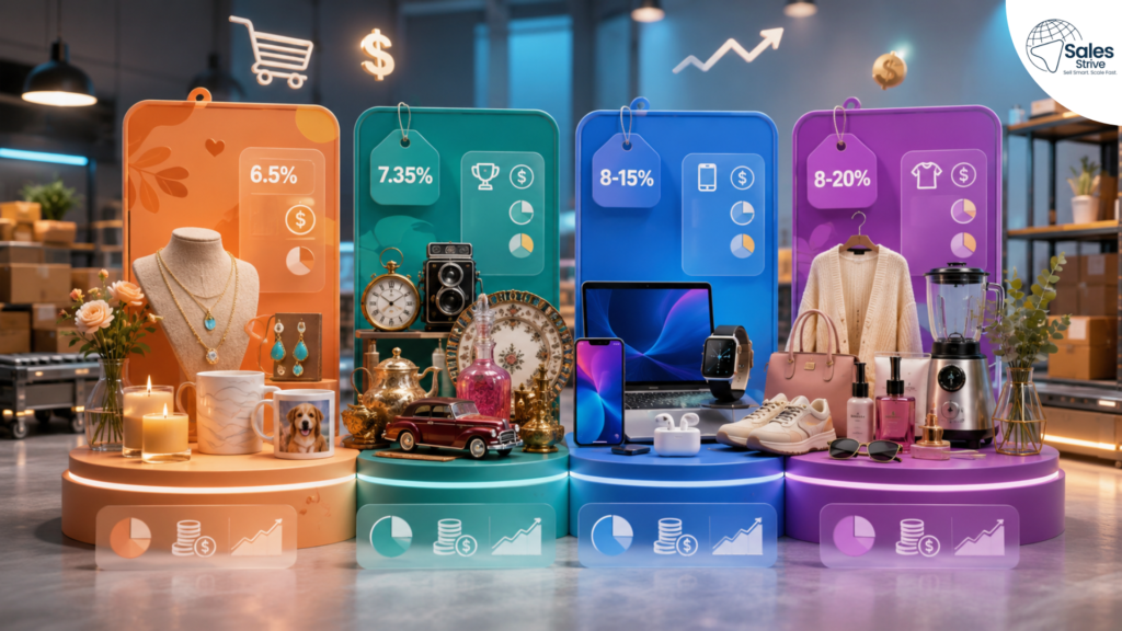 Comparison of ecommerce marketplace seller fees showing jewelry, vintage collectibles, electronics, fashion, and home products displayed on colorful fee comparison panels in a modern warehouse setting.