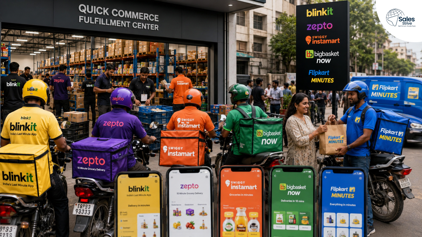 Quick commerce fulfillment center with Blinkit, Zepto, Swiggy Instamart, BigBasket Now, and Flipkart Minutes delivery partners preparing orders, showcasing the quick commerce business model, dark store operations, hyperlocal delivery system, and instant grocery delivery services in India.