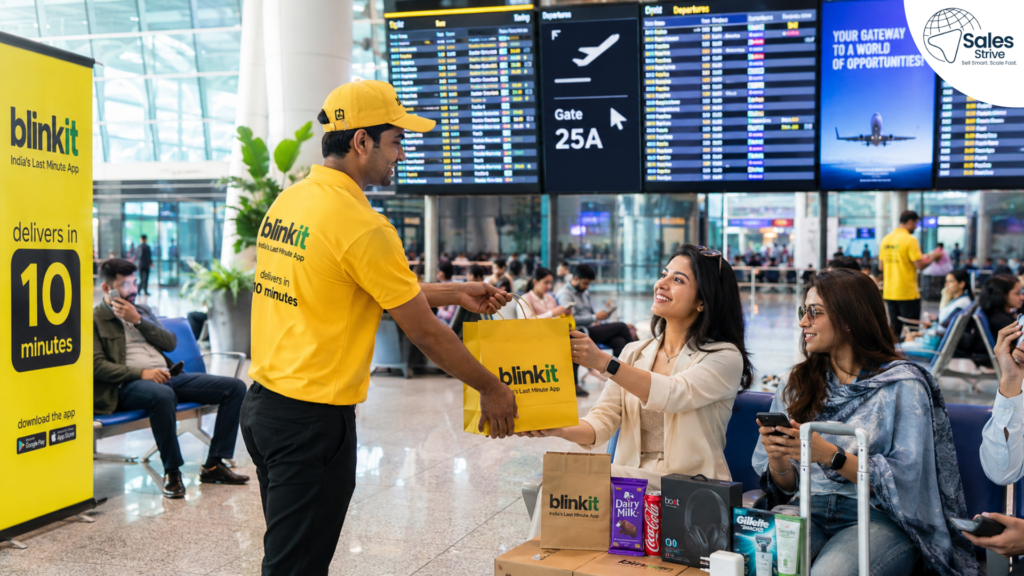 Blinkit delivery executive handing an order to a traveler inside an airport terminal near the boarding gate.