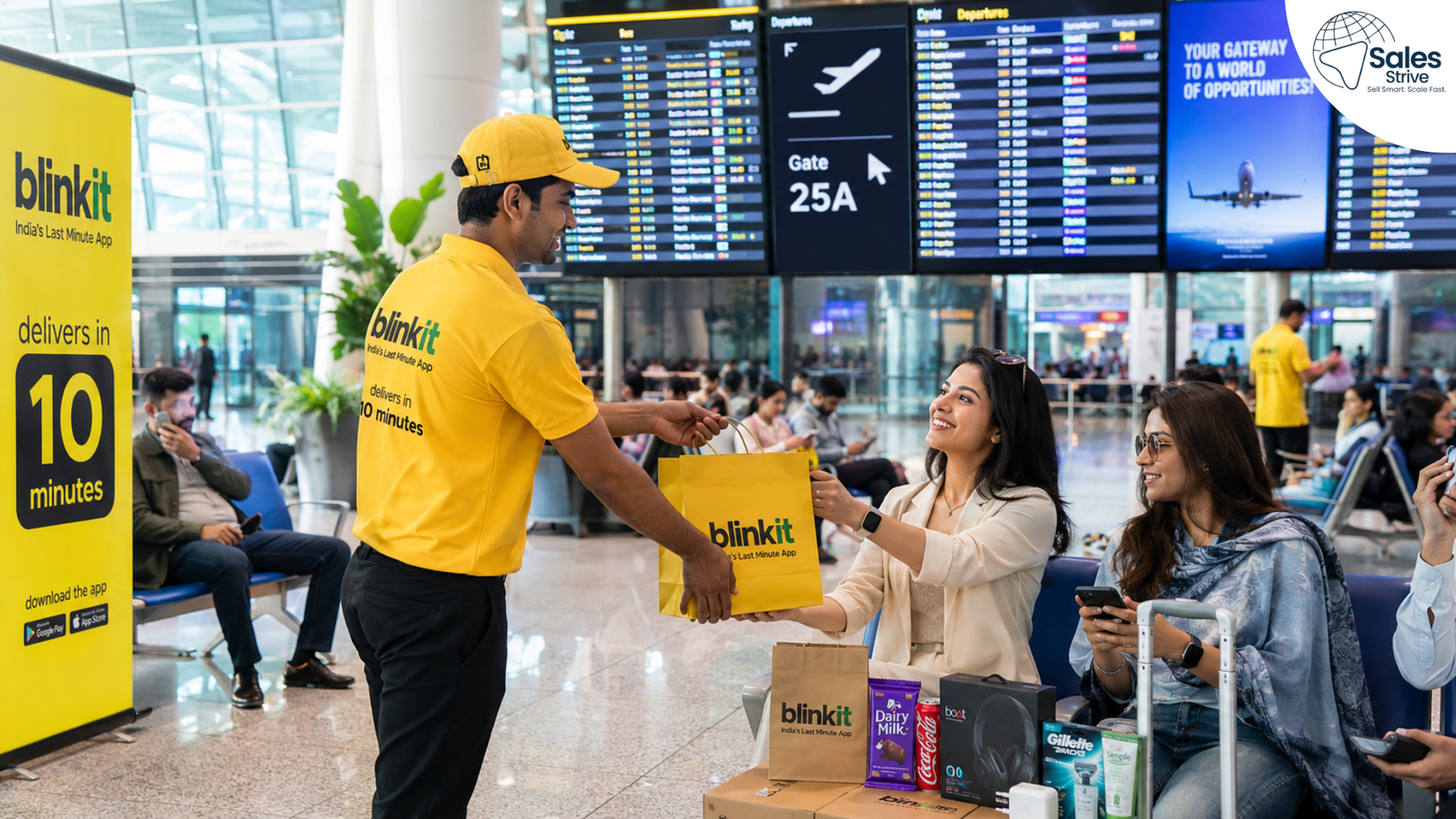 Blinkit delivery executive handing an order to a traveler inside an airport terminal near the boarding gate.