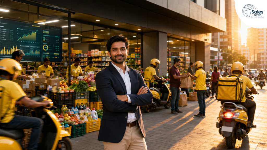 Indian entrepreneur standing outside a busy quick-commerce fulfillment center with delivery riders, groceries, and active order dispatch operations.