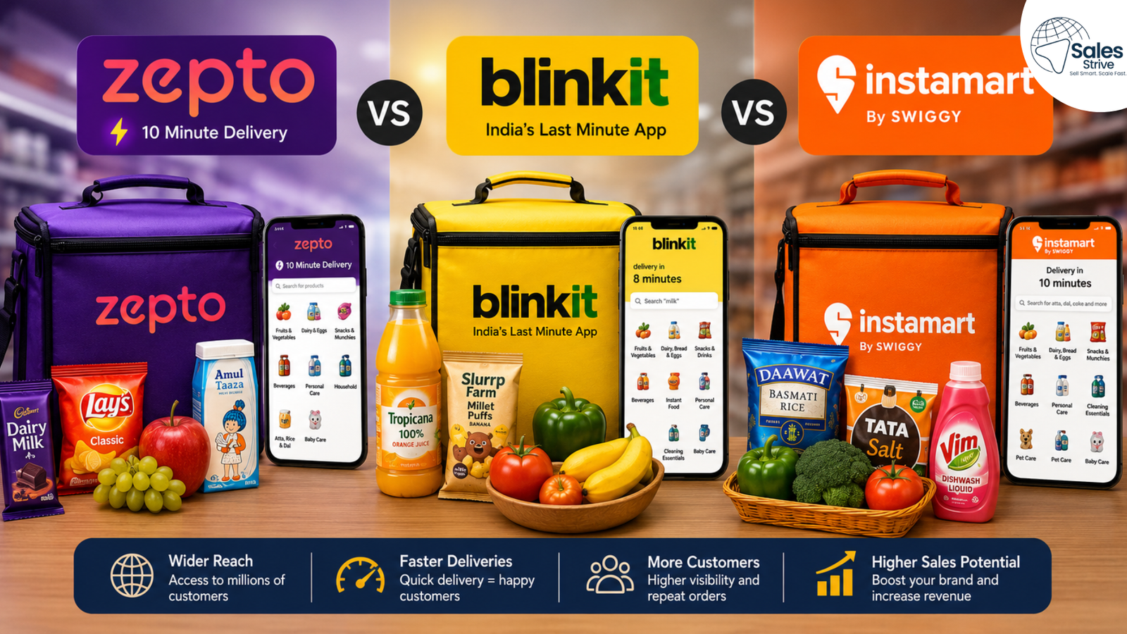Comparison of Zepto, Blinkit, and Swiggy Instamart quick commerce platforms for sellers with branded delivery bags, mobile apps, grocery products, and marketplace benefits.
