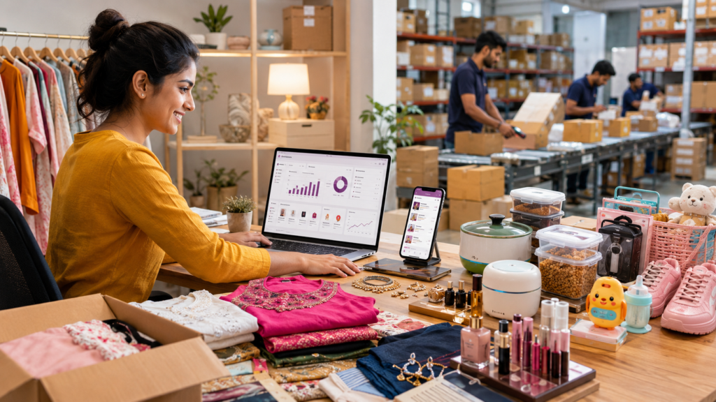 Indian entrepreneur running a Meesho-style eCommerce business with product inventory and order fulfillment