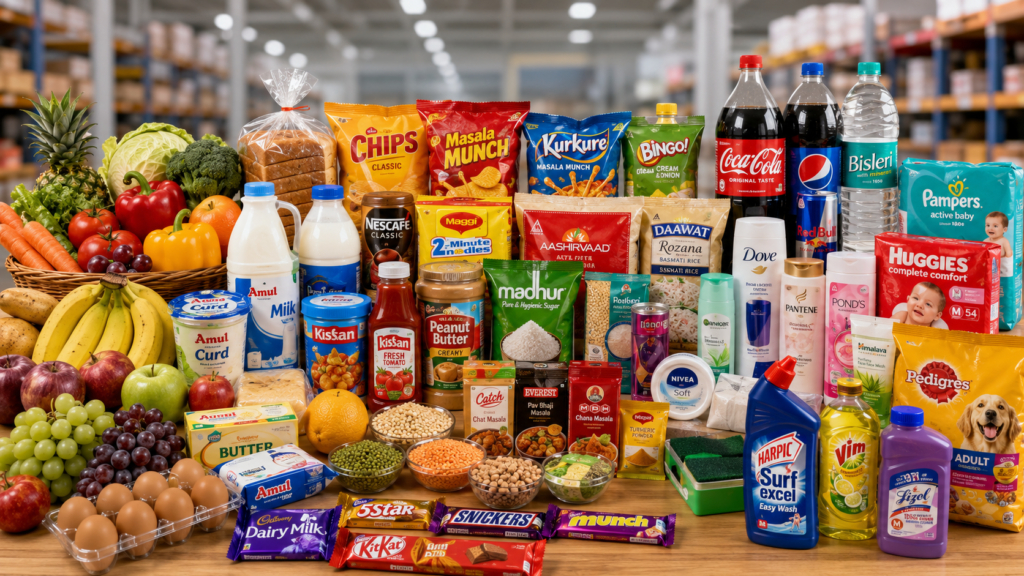 A wide assortment of FMCG products, fresh groceries, beverages, dairy, personal care, baby care, pet food, and household essentials displayed in a modern warehouse