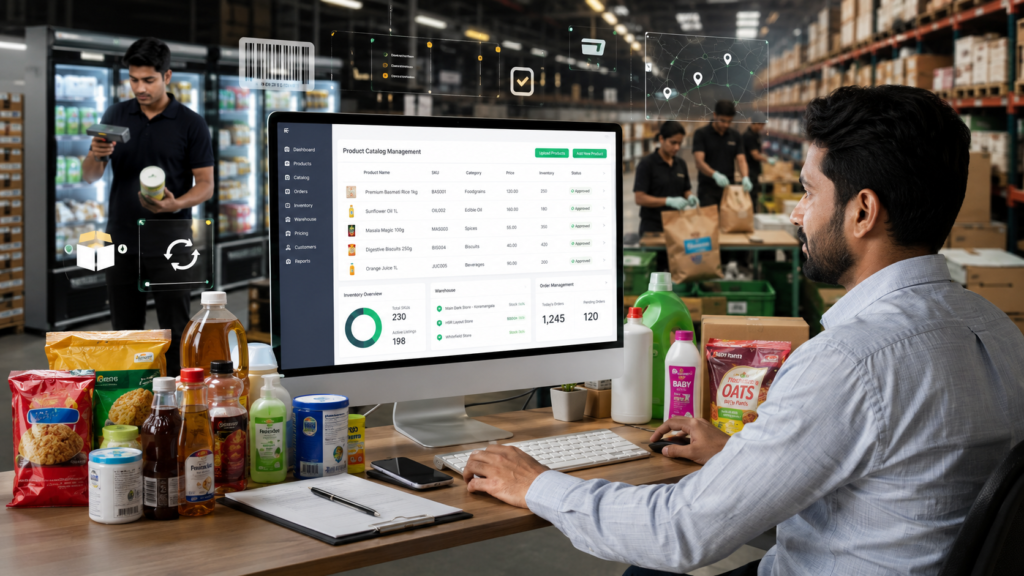 An eCommerce seller managing products, inventory, and order fulfillment through a digital dashboard in a modern warehouse