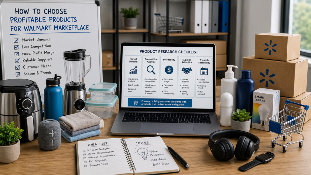 Laptop displaying Walmart product research with popular products and a profitability checklist on a desk.