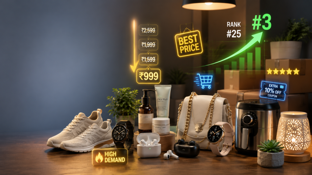 Flipkart product listing optimization featuring ecommerce products, competitive pricing, product rankings, customer ratings, discounts, and sales growth for higher conversions