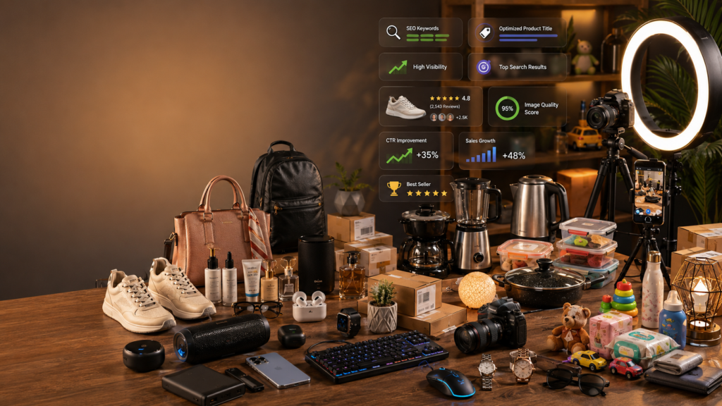 Flipkart product listing optimization featuring product photography, SEO keywords, optimized product titles, high-quality images, and ecommerce products to improve search rankings and increase sales.