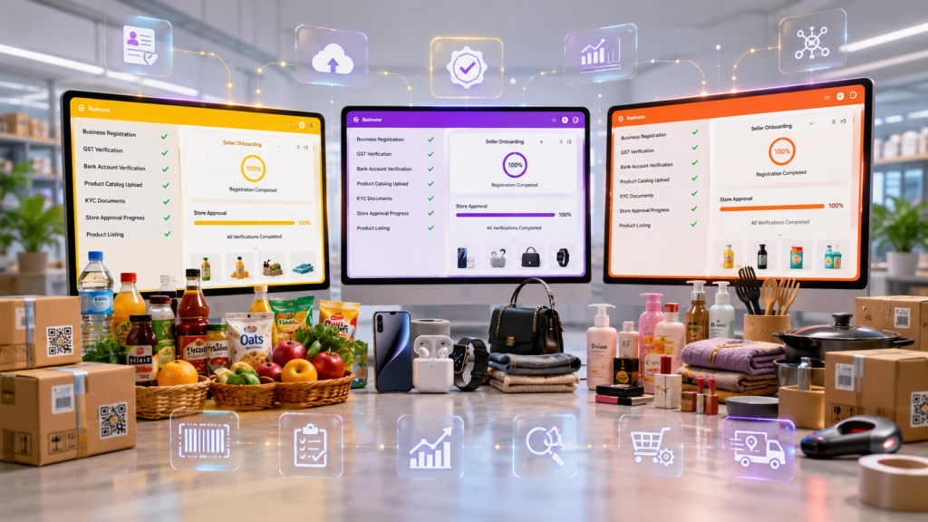 Marketplace-ready products with three seller onboarding dashboards, inventory tools, and verification icons representing quick commerce registration and approval.