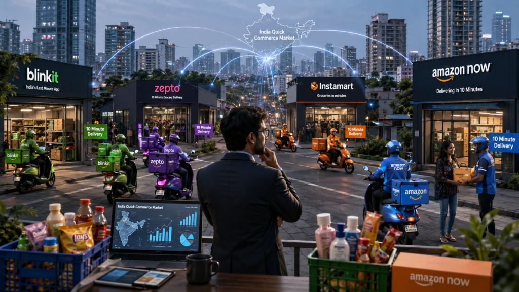 Amazon Now, Blinkit, Zepto, and Swiggy Instamart competing in India’s quick commerce market, with dark stores, delivery riders, urban customers, and a central business analyst viewing market growth data.