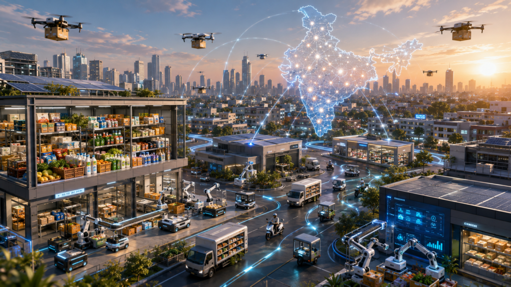 Futuristic quick commerce network in India showing automated dark stores, urban fulfilment centres, delivery vehicles, drones, robots, and a glowing digital map connecting cities across the country.