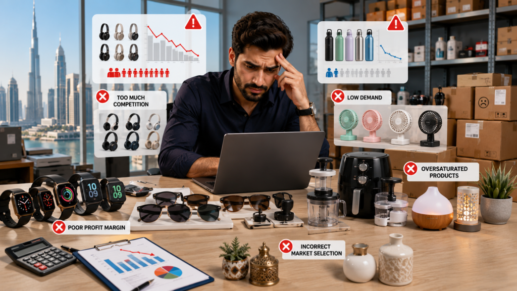 Noon UAE seller struggling with product research mistakes, including high competition, low demand, oversaturated products, poor profit margins, and incorrect market selection.