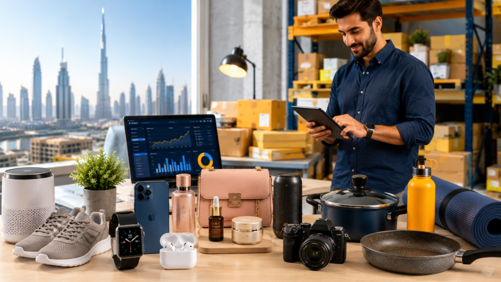 A Noon UAE seller analyzing e-commerce sales data in a Dubai warehouse, surrounded by high-demand product categories including electronics, beauty, fashion accessories, fitness equipment, kitchenware, and home essentials.