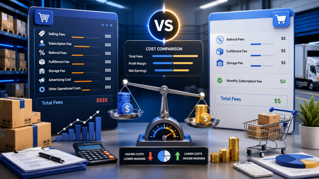 Amazon vs Walmart Marketplace fee comparison with cost analysis, fulfillment, storage, advertising, and total fees displayed on both sides.