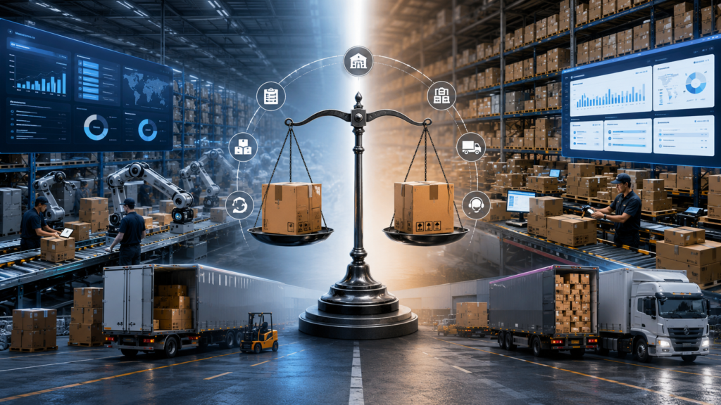 Amazon vs Walmart fulfillment comparison showing two automated warehouses, inventory management, shipping trucks, logistics operations, and a central balance scale representing fulfillment efficiency.