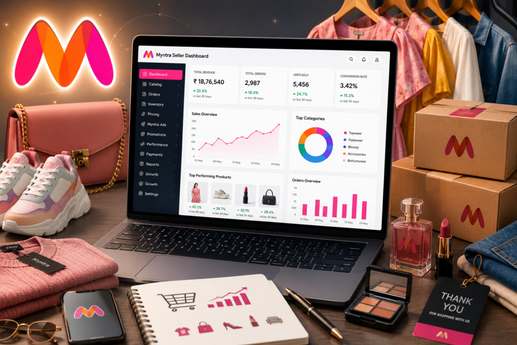 Myntra Seller Account Management dashboard with product listings, inventory management, and ecommerce growth solutions.