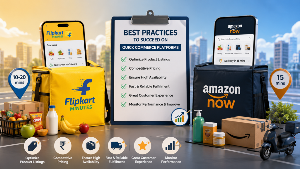 Flipkart Minutes vs Amazon Now illustration featuring quick commerce seller best practices, product listing optimization, inventory management, competitive pricing, fast fulfillment, and marketplace growth.
