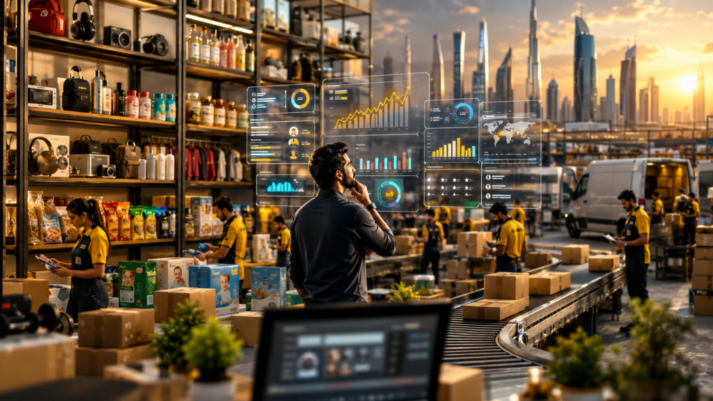 Seller analyzing sales performance in a modern Noon Marketplace fulfillment warehouse with warehouse operations and delivery logistics.